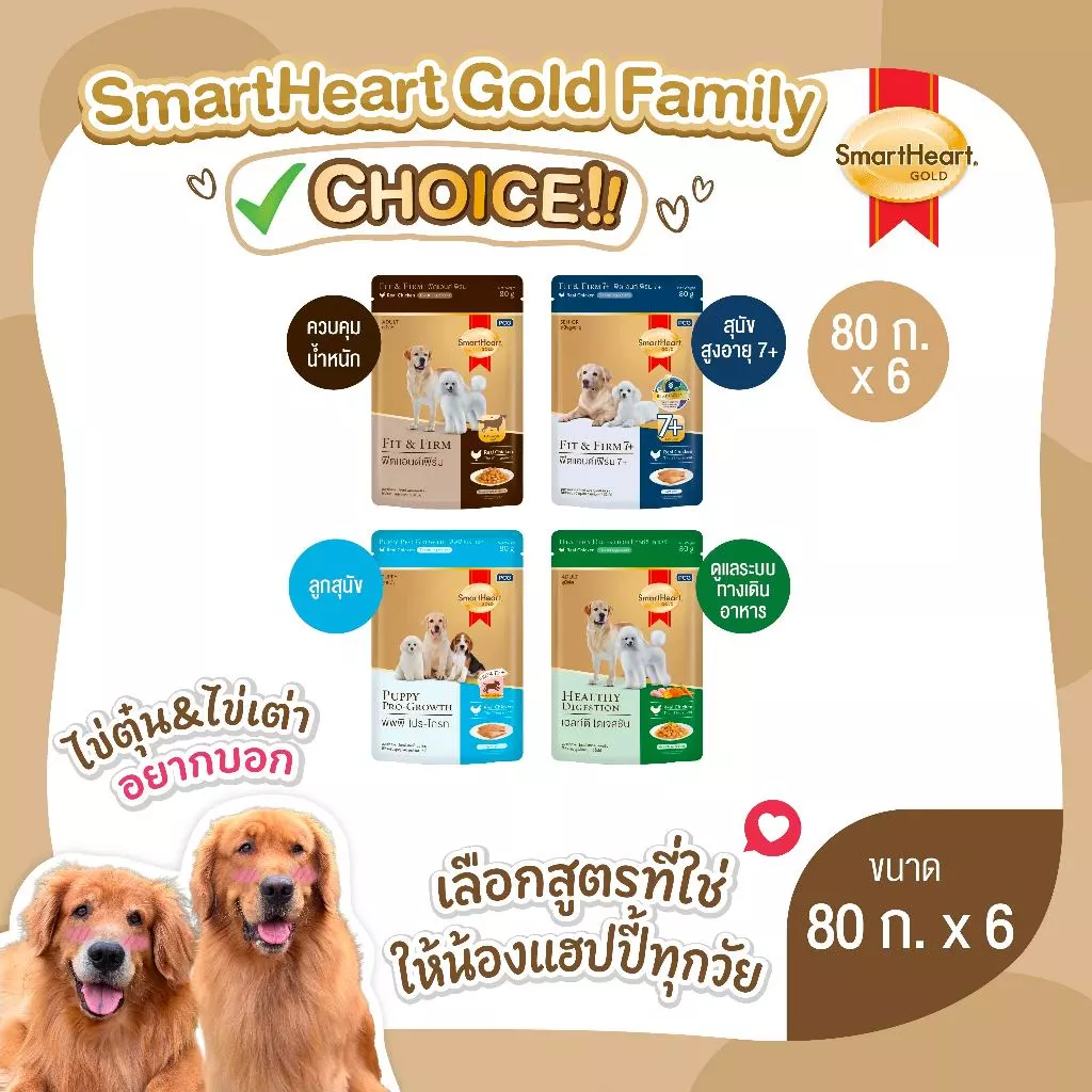 (6 ซอง) สมาร์ทฮาร์ท โกลด์ อาหารสุนัขชนิดเปียกแบบซอง ขนาด 80กรัม