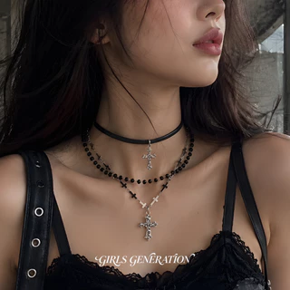 LUCKYROSE สร้อยคอหลายชั้น ลูกปัดและไม้กางเขน วินเทจสไตล์พังก์ดาร์ก สำหรับสาว Y2K