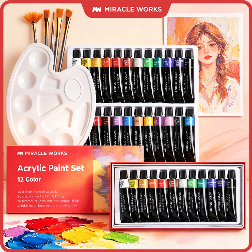 MW 12/24สี สีอะคริลิค 12ml พร้อมเครื่องมื ชุดสีอะคริลิค Acrylic Paint Set สำหรับการวาดภาพสีน้ำมัน