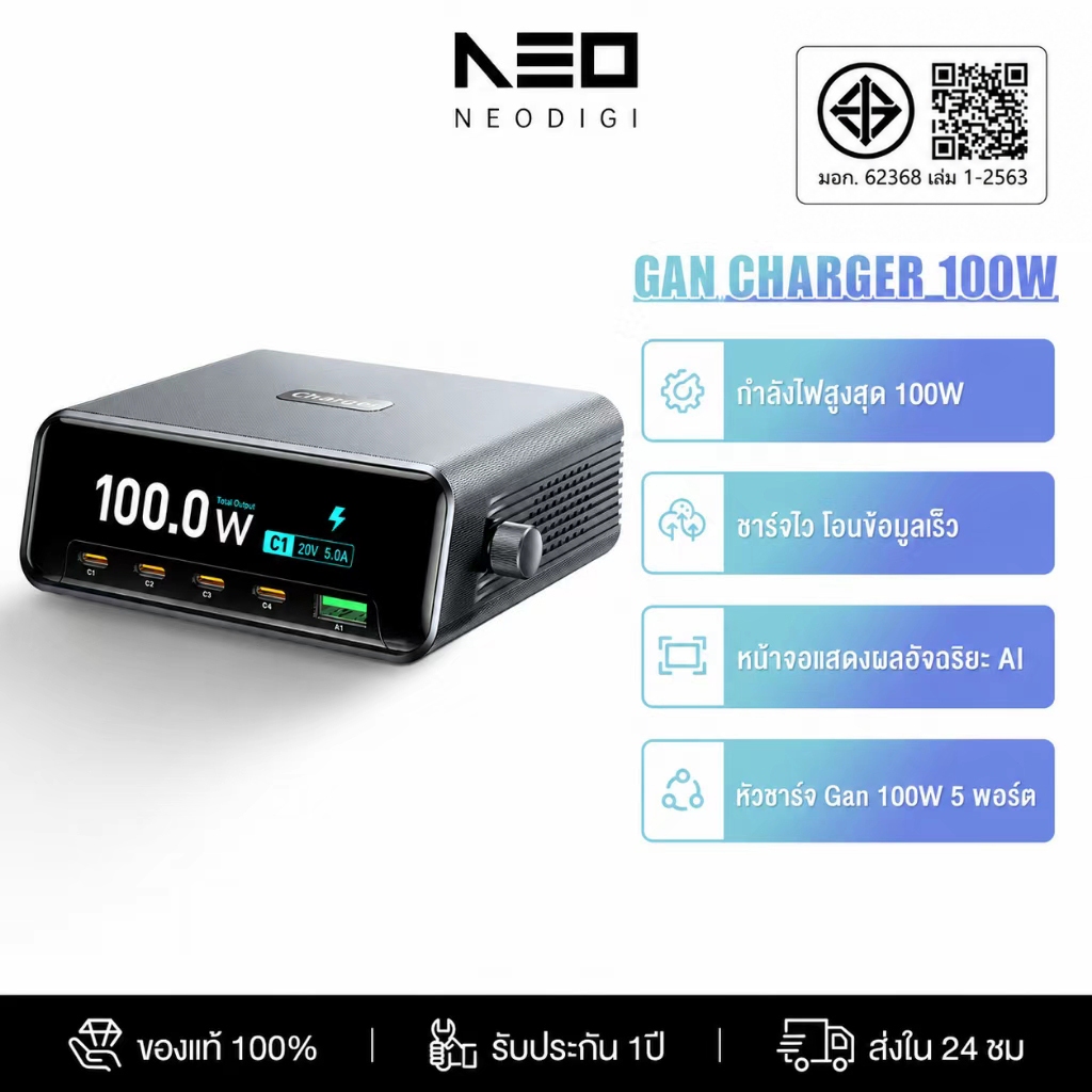 NEODIGI 265W GaN Charger หน้าจอแสดงผลอัจฉริยะ AI fast charger ชาร์จไว โอนข้อมูลเร็ว 5 พอร์ต USB-C/USB-A เดสก์ท็อปสถานีช