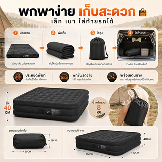 ที่นอนเป่าลมอัตโนมัติ พร้อมปั๊มลมในตัว แบตเตอรี่ในตัว PVC หนา 25–40ซม