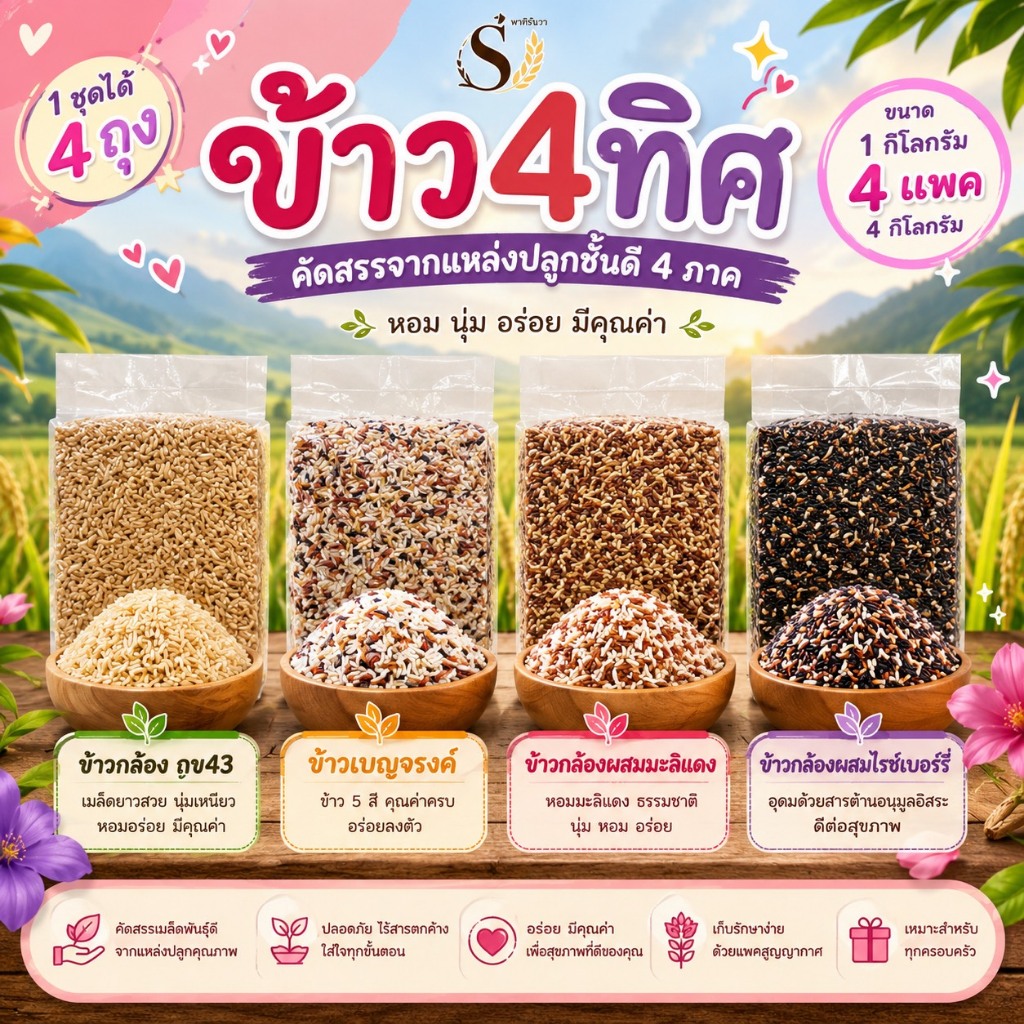 โปรใหม่ ข้าว4ทิศ ข้าวใหม่ หอม นุ่ม ข้าวเพื่อสุขภาพ ตราทรัพย์ธนา