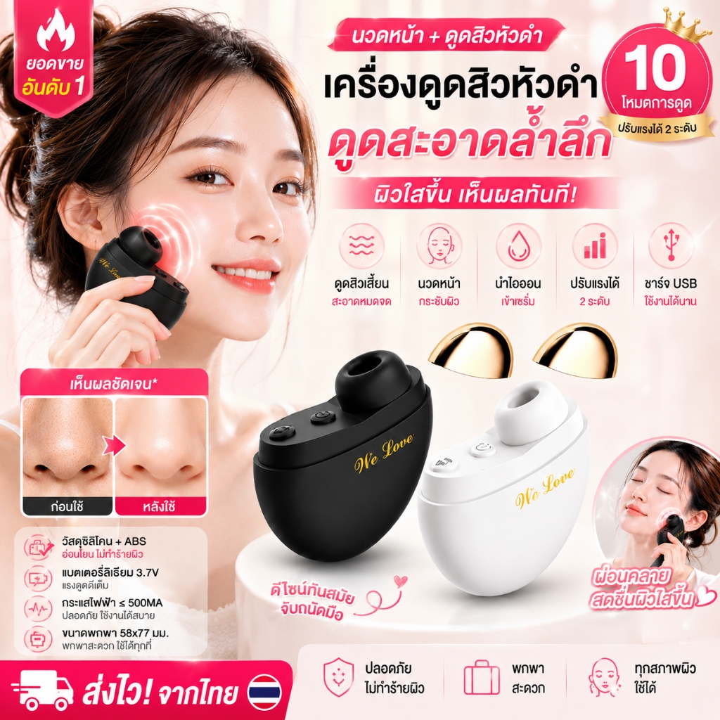 ⭐ เครื่องนวดหน้าไอออน นำสารอาหารเข้าผิว ดูดสิวหัวดำ ชาร์จ USB ช่วยฟื้นฟูคอลลาเจน ขนาดเล็กพกพา