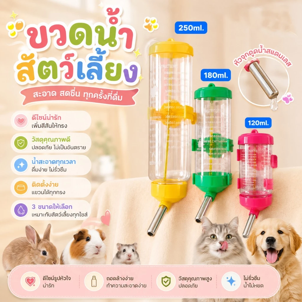 หลอดน้ำติดกรงสัตว์เลี้ยง 80 ml - 250 ml