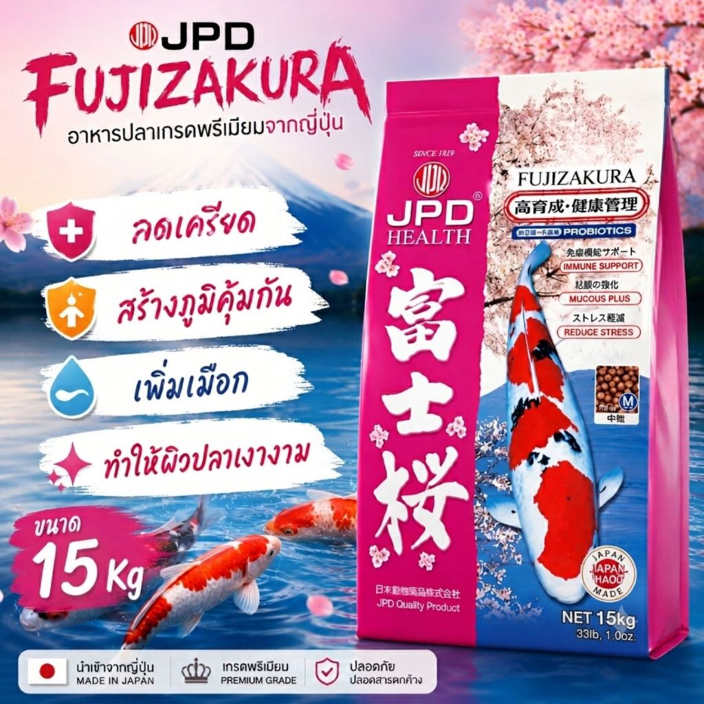 Fujizakura เม็ดลอย 15 KG อาหารปลาคาร์ฟนำเข้าญี่ปุ่น JPD เร่งโต ผสมวิตามินซี โปรตีน 37%