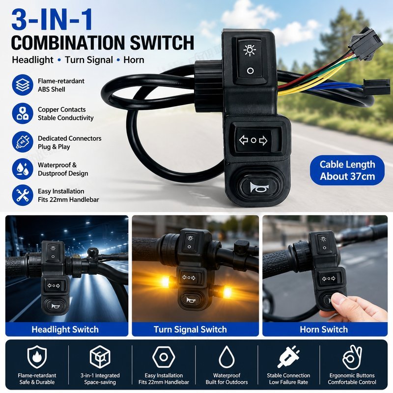 สวิตช์เปิดปิดไฟ E-bike 3in1 สวิตช์ไฟเลี้ยวพร้อมปุ่มแตร ใช้กับรถจักรยานไฟฟ้าและรถสามล้อไฟฟ้า