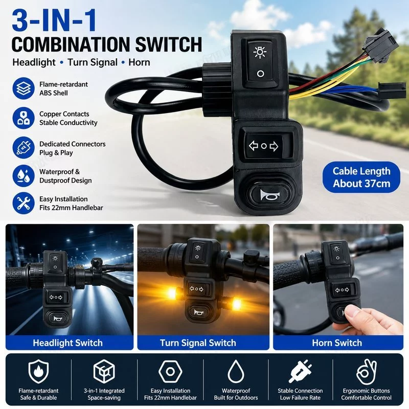 สวิตช์เปิดปิดไฟ E-bike 3in1 สวิตช์ไฟเลี้ยวพร้อมปุ่มแตร ใช้กับรถจักรยานไฟฟ้าและรถสามล้อไฟฟ้า