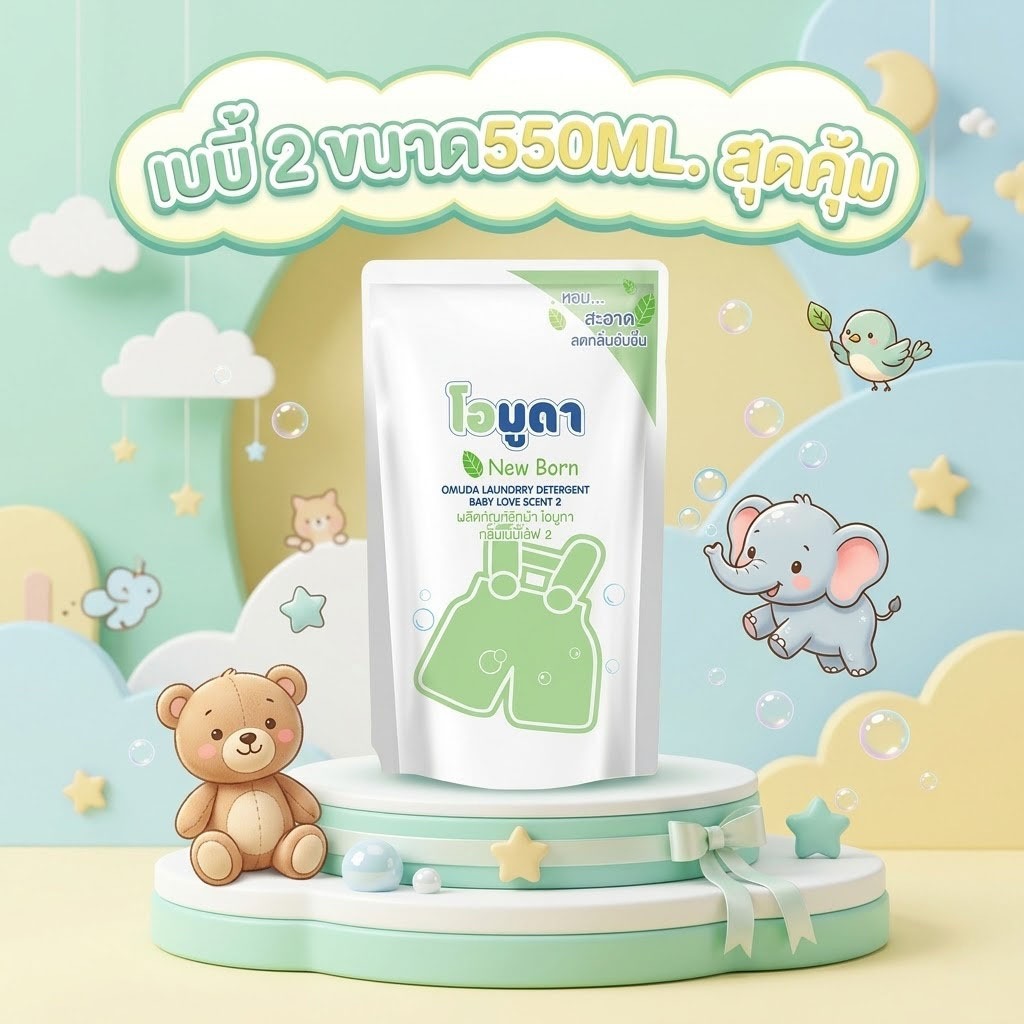 น้ำยาซักผ้า Newborn หอมสะอาดลดกลิ่นอับชื้น ขนาด550ML.ต่อถุง
