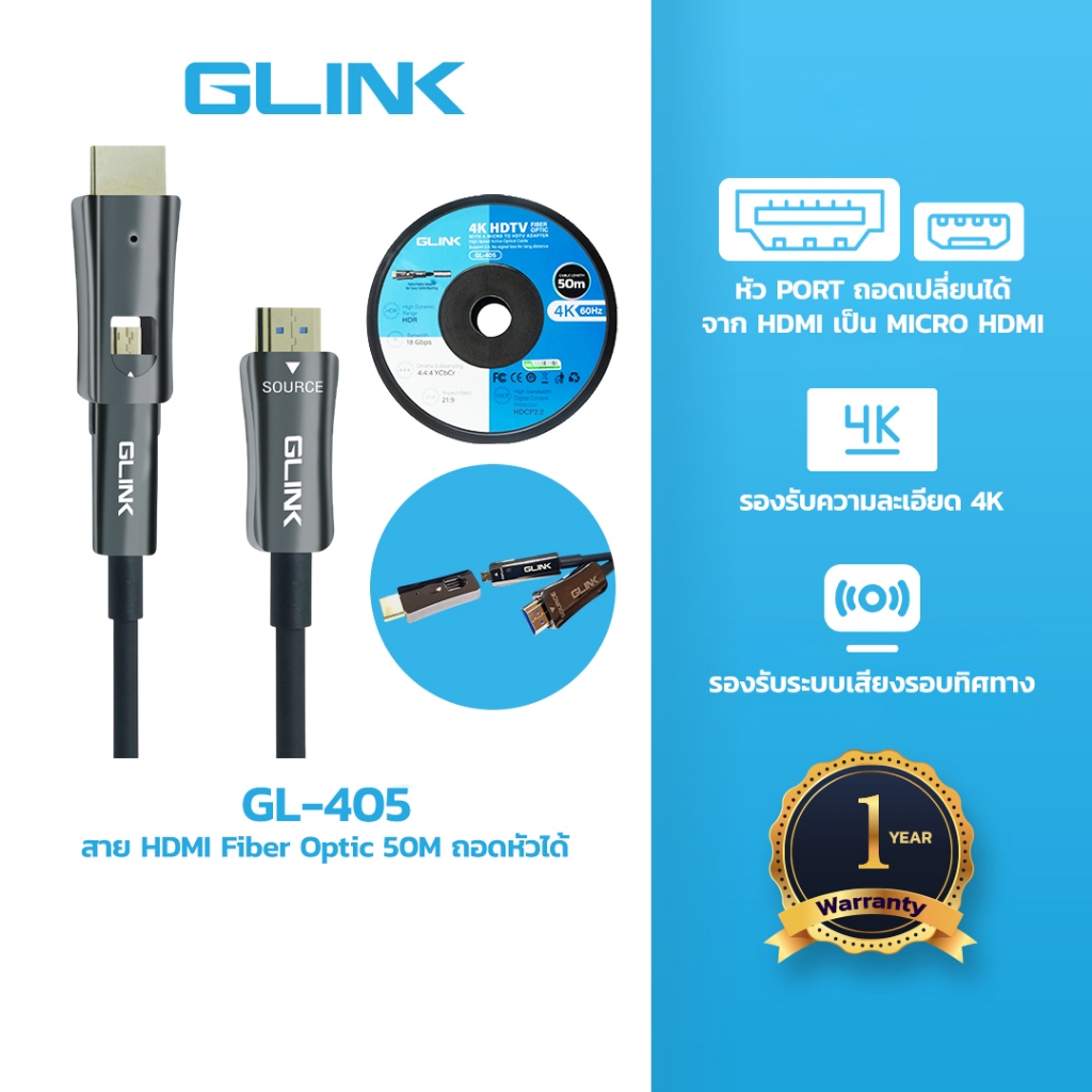 GLINK GL-405 สาย HDMI Fiber Optic 20/30/50 เมตร 4K@60Hz ถอดหัวได้ 18Gbps