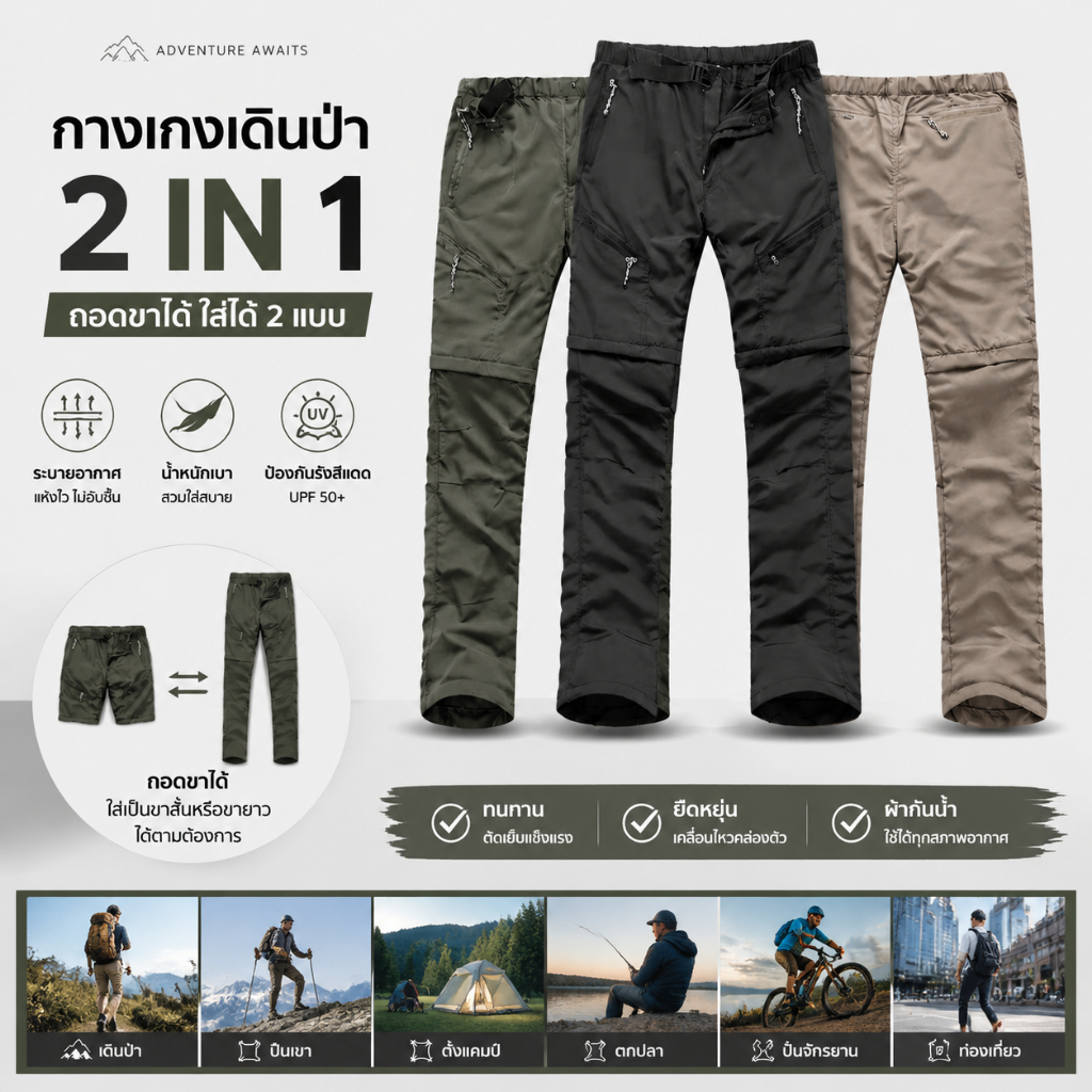 UniWear | ชุดเอี๊ยม กางเกงเดินป่าแห้งเร็ว  ถอดขาได้ เอวปรับได้ กางเกง เสื้อผ้า COD สีดำ