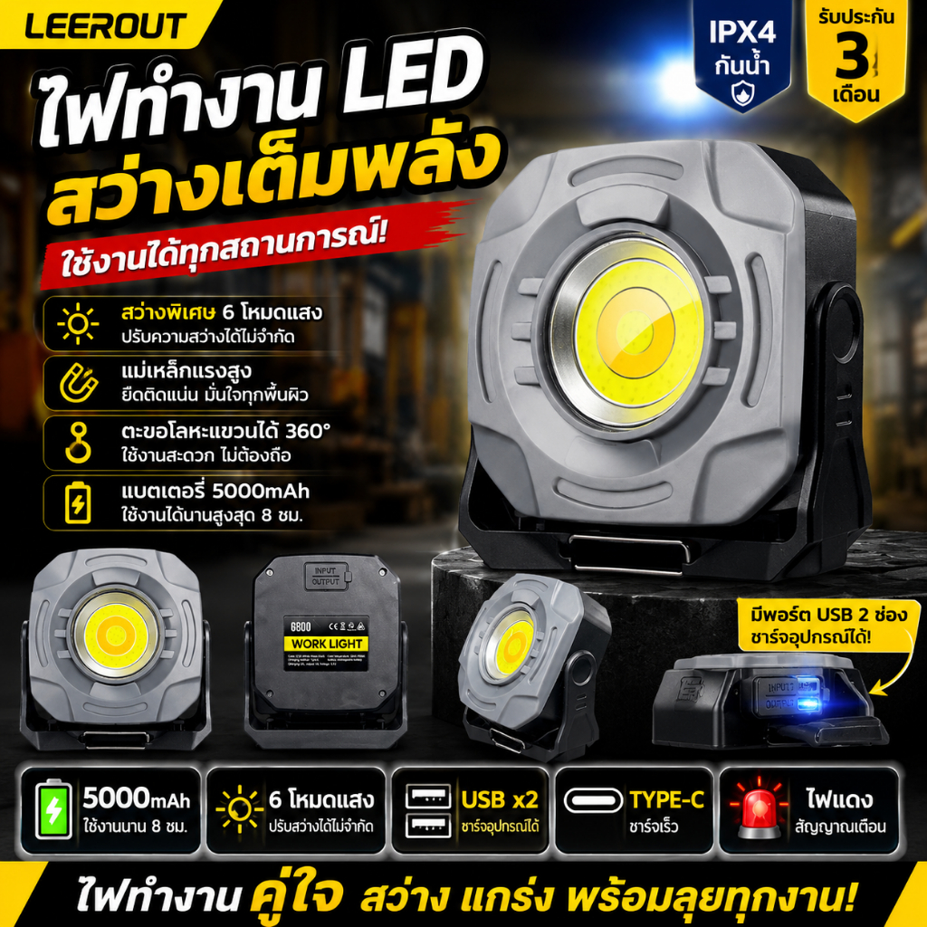 ไฟทำงาน COB LED 1050LM แบต 4000mAh กันน้ำ IPX4 มีแม่เหล็ก ชาร์จ Type-C ใช้งาน 8 ชม. เหมาะซ่อมรถแคมปิ้ง รองรับ COD