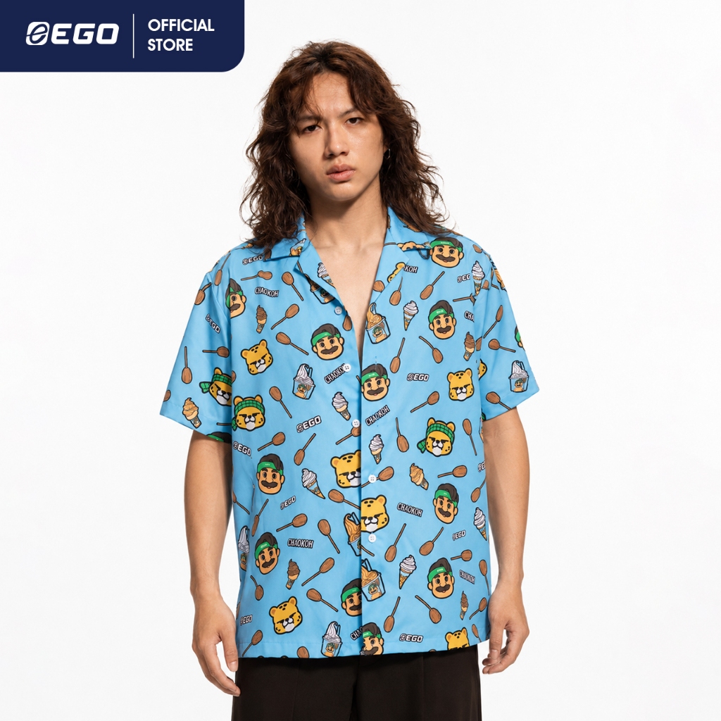 TS028 เสื้อเชิ้ตฮาวาย EGO x CHAOKOH ฟ้า
