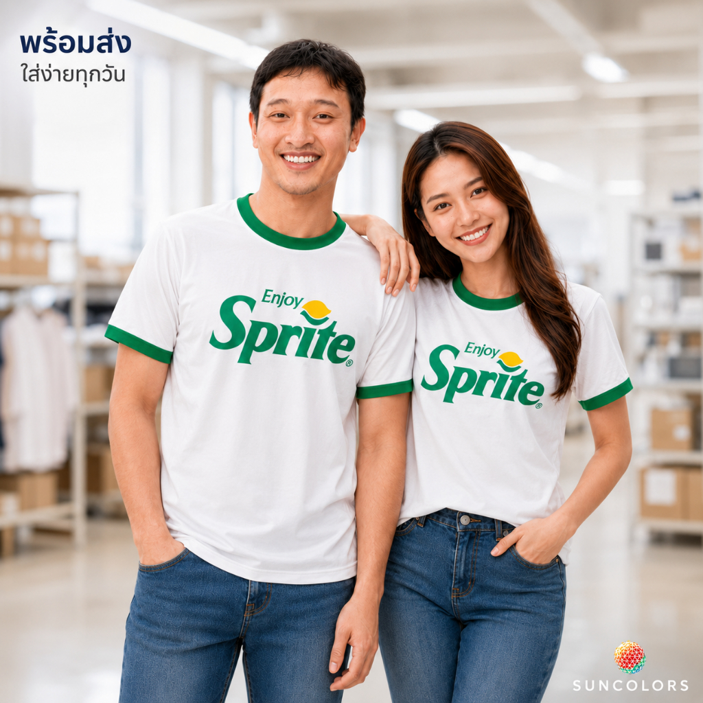 A003 เสื้อยืดคอกลม ขาวคอเขียว สกรีนลายSprite สดสวยเท่ เนื้ออผ้ากีฬา ไมโครโพลีเอสเตอร์ นุ่ม เบา สบาย