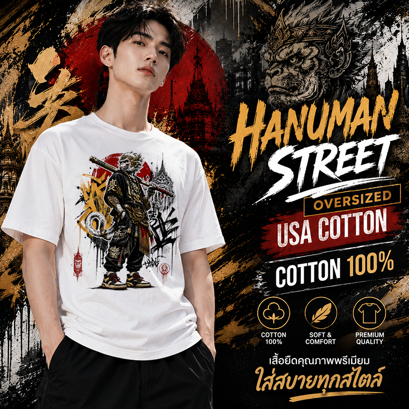 KURUMO เสื้อยืด OVERSIZED คอตตอนแท้ 100% สกรีนลาย HANUMAN STREET USA COTTON ผ้าหนานุ่ม โอเวอร์ไซส์ ท