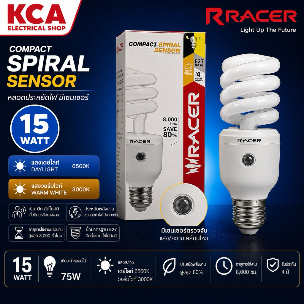 หลอดไฟ Spiral เซนเซอร์ 15W RACER เปิดปิดเองอัตโนมัตตามแสงแดด หลอดตะเกียบ E27