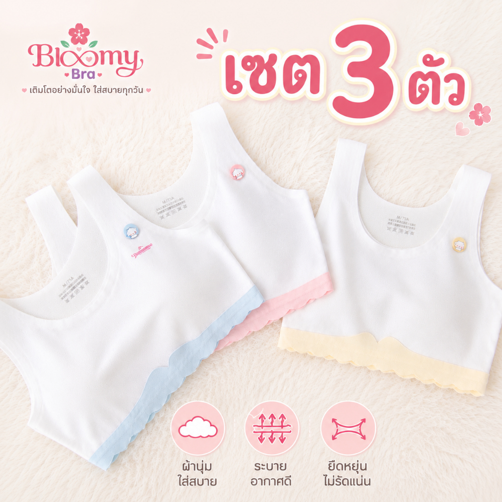 [ยกเซต 3 ตัว ] 🌸 Bloomy Bra 🌸บราเด็ก 8-15 ปี ไร้โครง ผ้านุ่ม ระบายอากาศดีมาก 🎀 รุ่น First Bloom