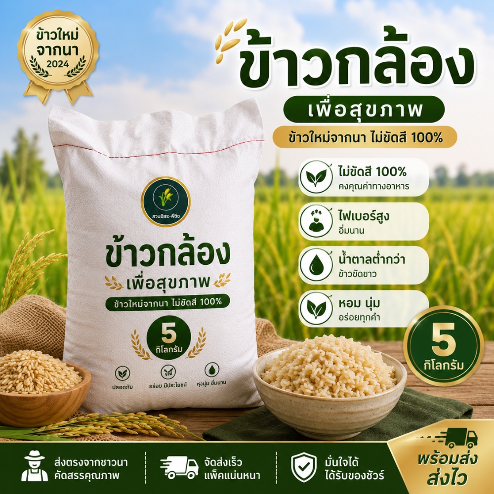 ข้าวกล้อง 5 กก. ไม่ขัดสี 100% ข้าวใหม่จากนา เพื่อสุขภาพ หุงนุ่ม ส่งตรงจากชาวนา