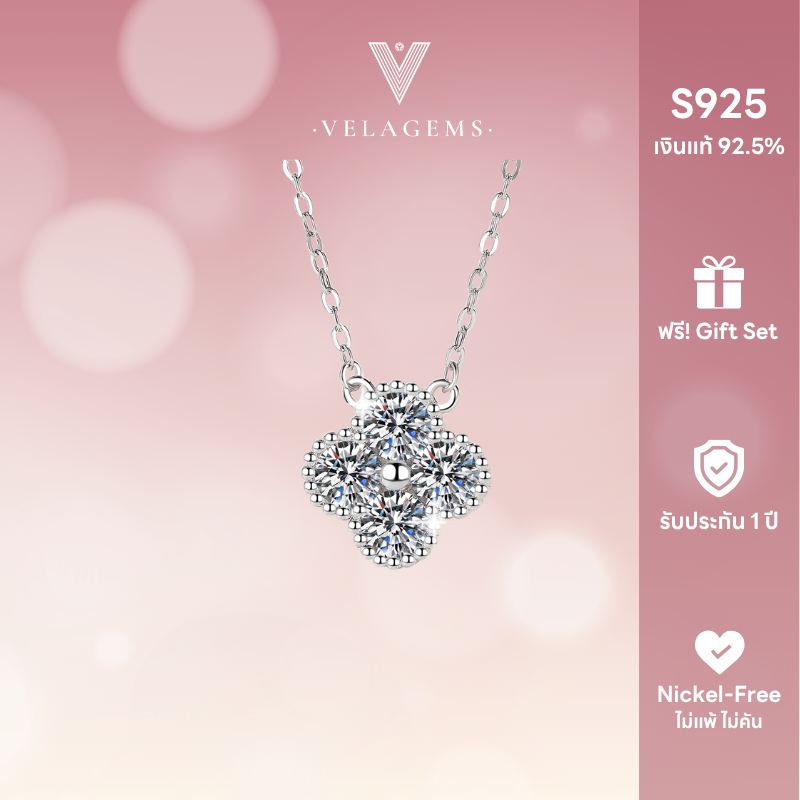VELAGEMS สร้อยพร้อมจี้เพชรโมอีส Clovera II สัญลักษณ์แห่งความโชคดี เงินแท้ 92.5% ชุบโรเดียม ไม่แพ้ ไม่คัน (Nickel Free)