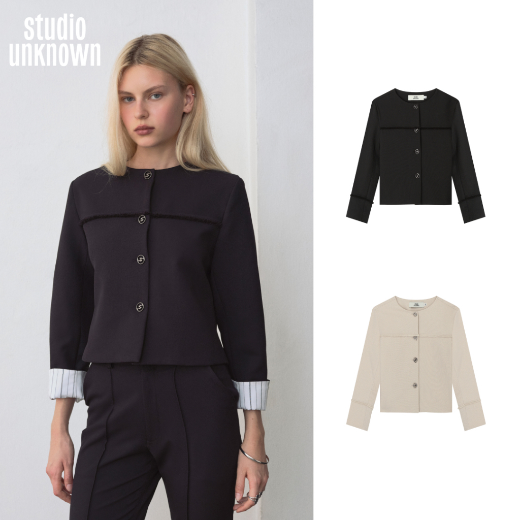 STUDIO UNKNOWN - SS26 Wylie Cardigan เสื้อแจ็ตเก็ตพอดีตัวตกแต่งตะเข็บรุ่ยและซับในแขน