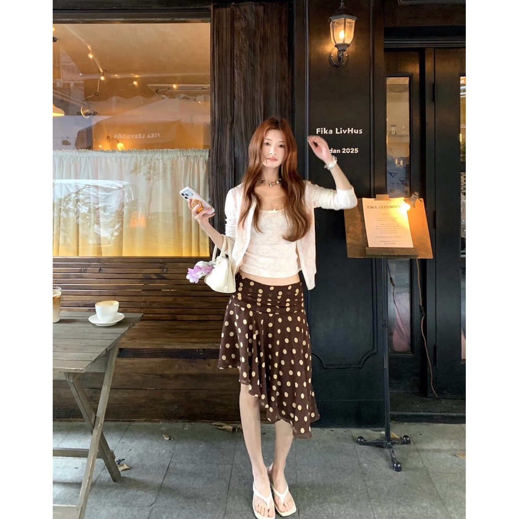 Y.JIA : set 3 pcs. เสื้อสายเดี่ยว งานผ้าฉลุโบว์เล็กช่วงอก + เสื้อคลุมแขนยาว ติดกระดุมหน้า + กระโปรงลายจุด ผ้าพริ้วสวย