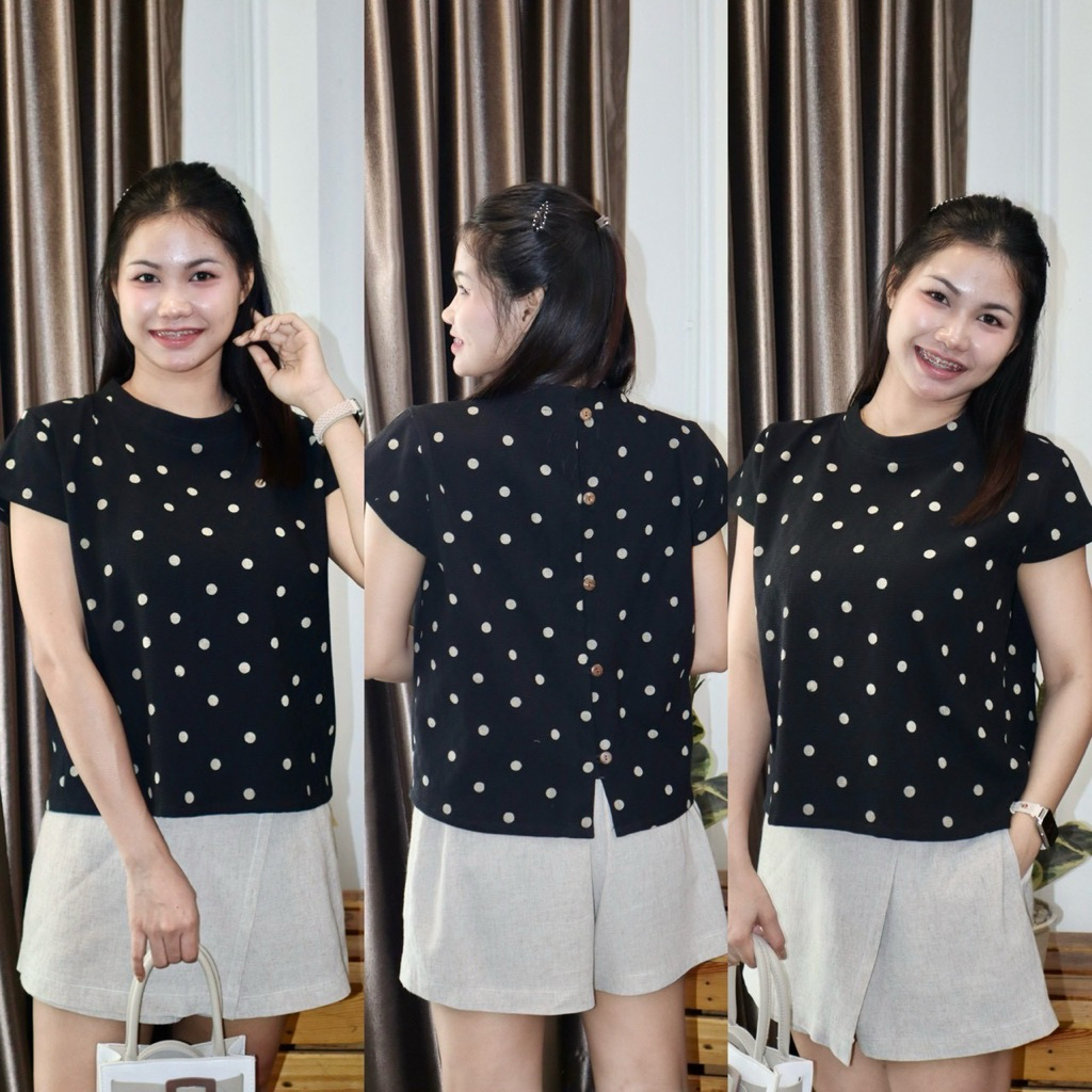 เสื้อผ้าฝ้ายอินเดีย ผ้าคอตตอนอินเดีย ทรงคอกลมกระดุมหน้า handblock