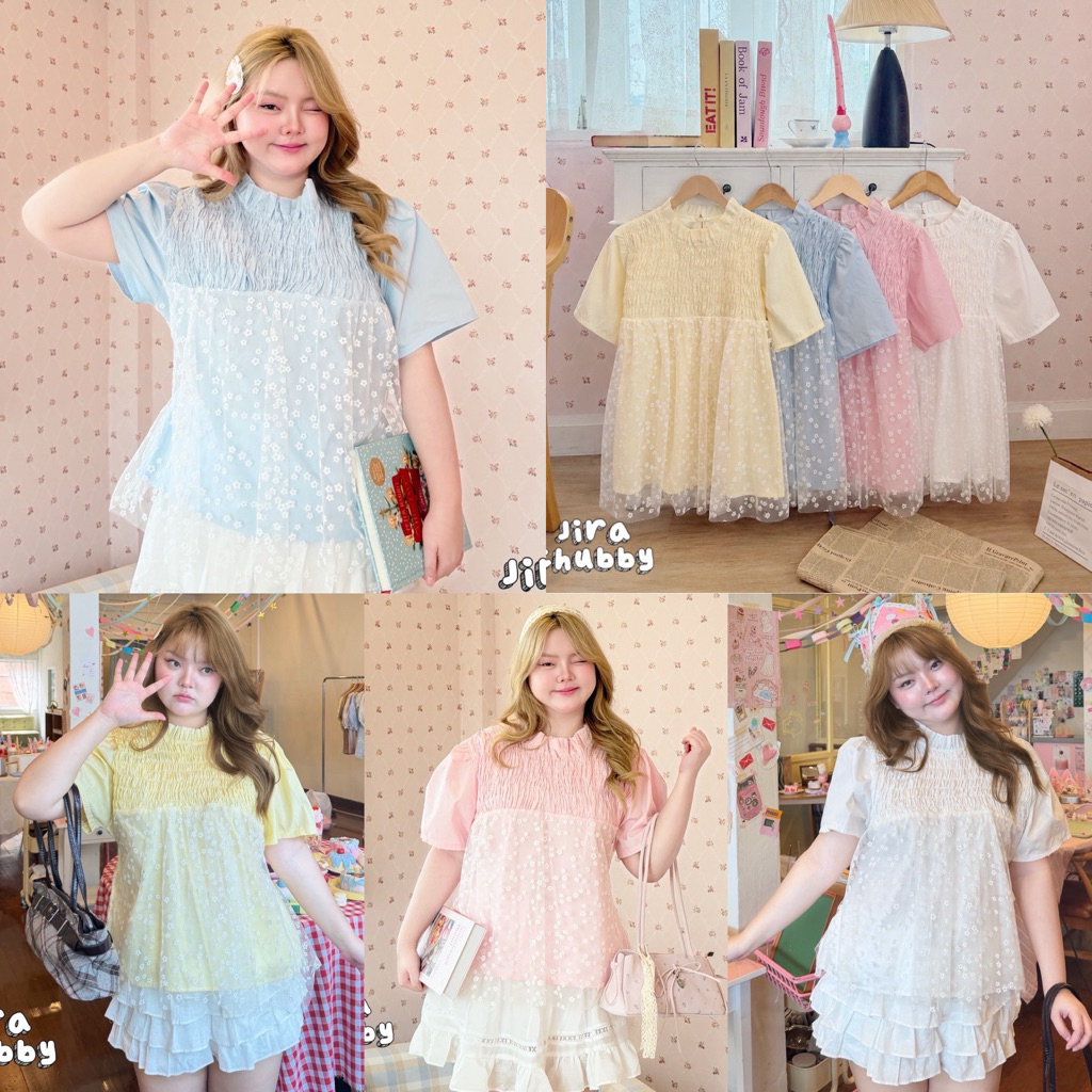 ✅สีใหม่ค่า /JR/ เสื้อคอกลมสม็อคอก ไซส์อก38-50 ผ้าคอตตอนแต่งผ้ามุ้งดอกไม้ มีเชือกผูกกระชับด้านหลัง #สาวอวบอ้วน