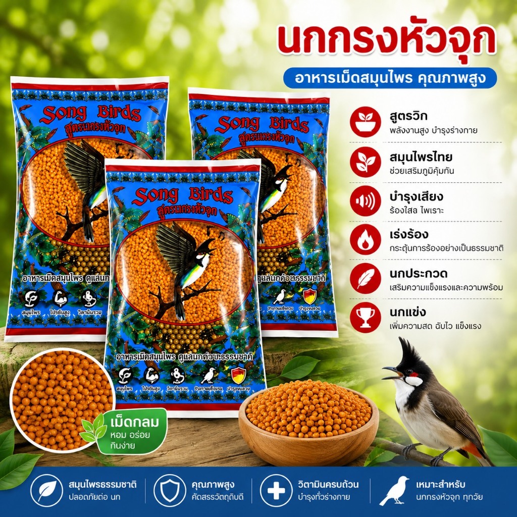 นกริก (แพค 3 ถุง) อาหารนกกรงหัวจุก Song Bird ซองเบิร์ด 130g สูตร นกริก อาหารเสริมสมุนไพรไทย พริกแกงส้มผสมน้ำผึ้ง