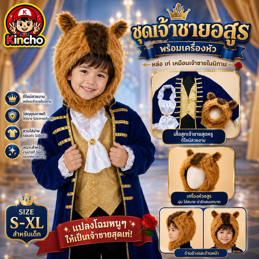 พร้อมส่งจากไทย! ชุดแฟนซี ชุดเจ้าชายอสูรเด็ก พร้อมเครื่องหัว ชุดเด็ก เสื้อผ้าเด็ก
