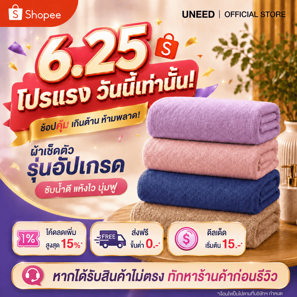 【UNEED】2026ผ้าเช็ดตัวไมโครไฟเบอร์รุ่นใหม่ ซับน้ำได้ดีเยี่ยม แห้งเร็ว คุณภาพพรีเมียม มีให้เลือก ขนาด 40x80|70x140|90x160