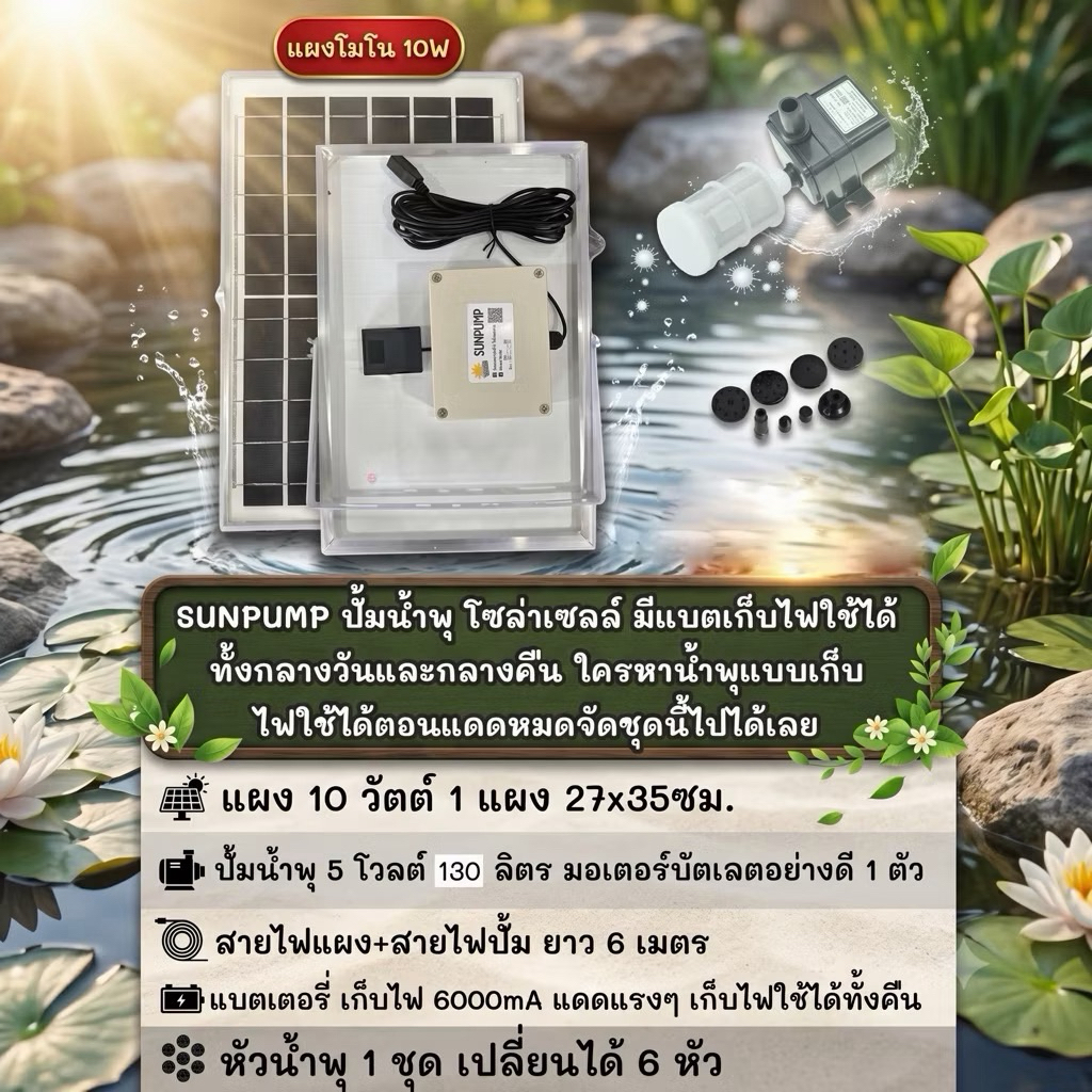 ชุดปั้มน้ำ ปั้มอ็อกซิเจน น้ำพุ มีแบตเตอรี่ในตัว แผงโชลาร์ขนาดใหญ่ 45w/10w แท้ ใช้ได้ทั้งวันทั้งคืน ไฟฟรี24ชั่วโมง