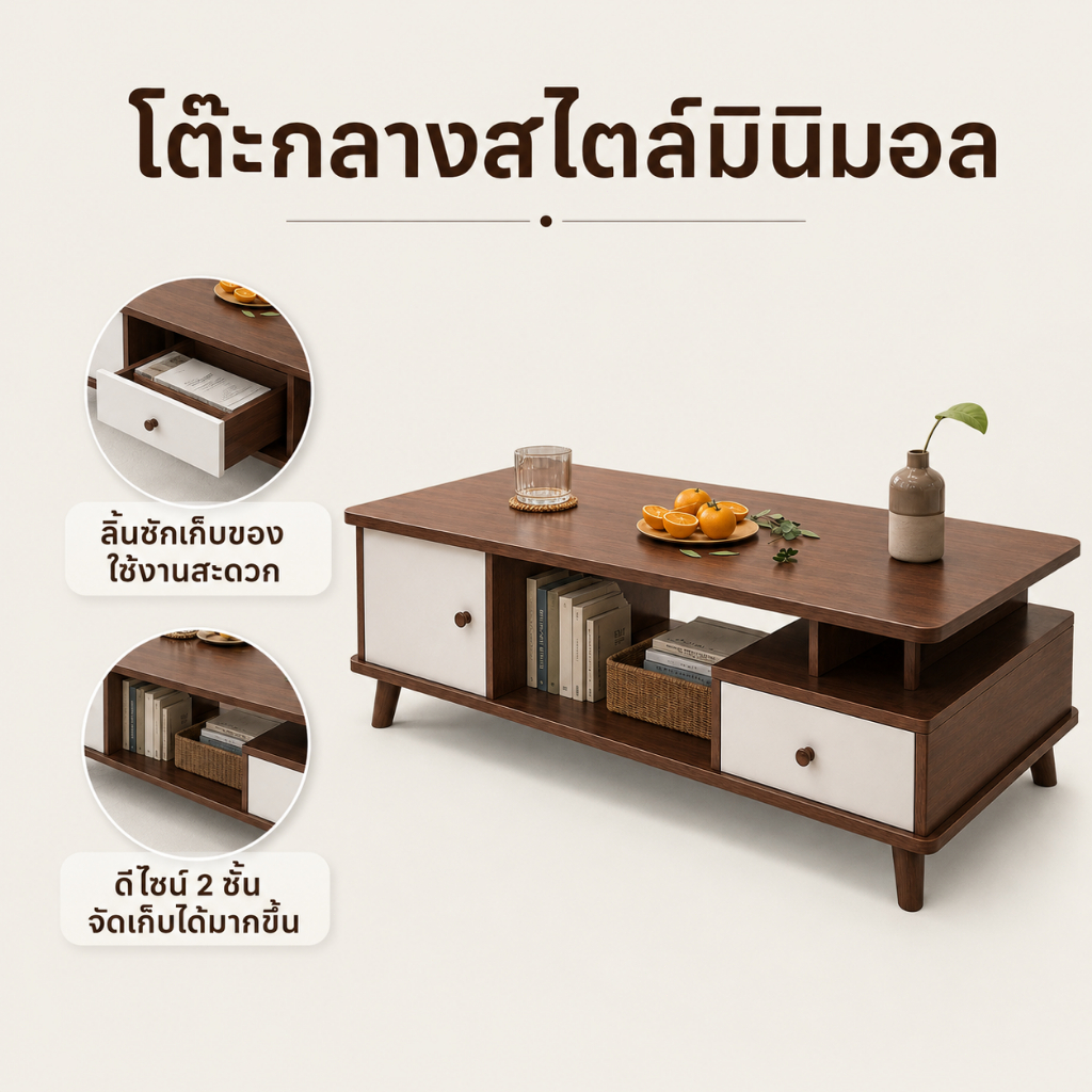 Owens💥 โต๊ะห้องรับแขก โต๊ะกลางโซฟามีตู้เก็บของ พื้นที่เก็บของเยอะ สไตล์มินิมอล แข็งแรงทนทาน