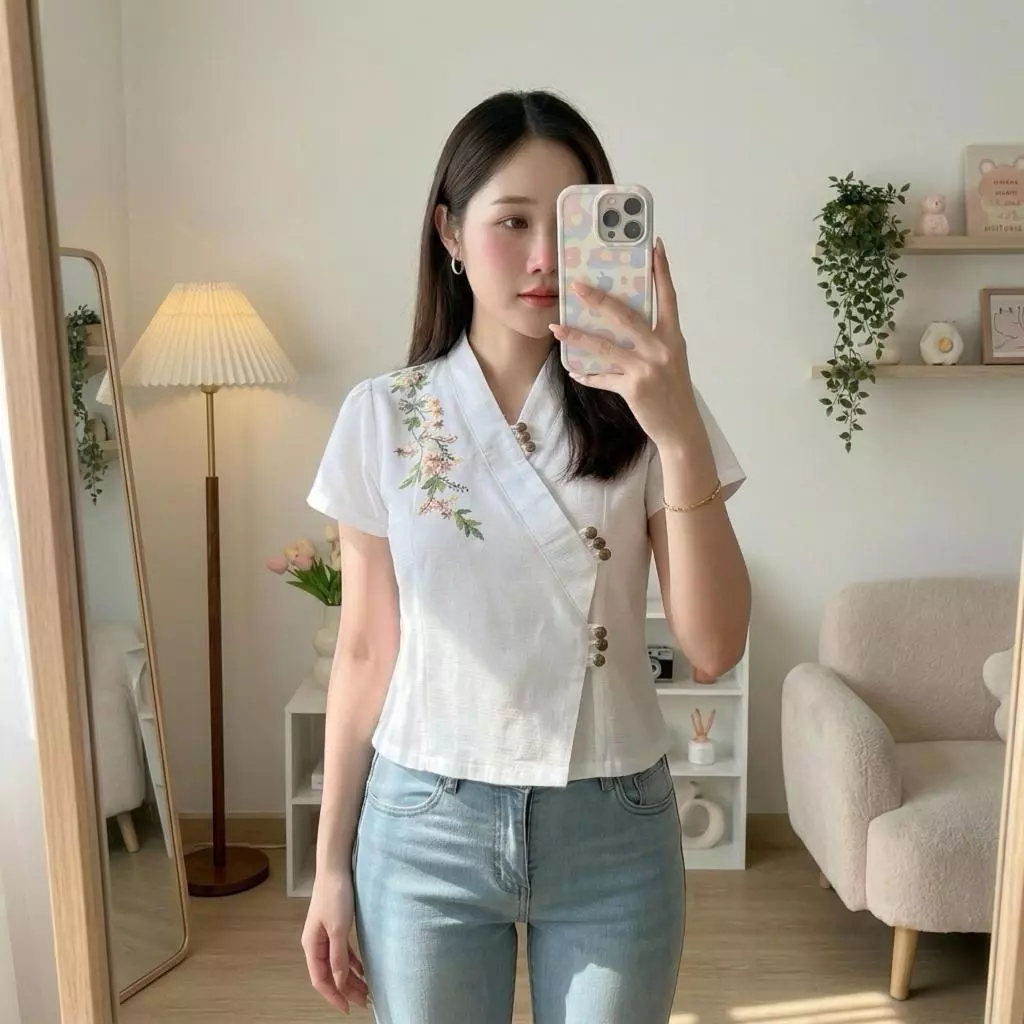 เสื้อผ้าฝ้ายผู้หญิง ทรงป้ายจีบไหล่ ปักดอกไม้ แต่งกระดุม 9 เม็ด ผ้าฝ้ายชินมัย งานปักมือ Handmade