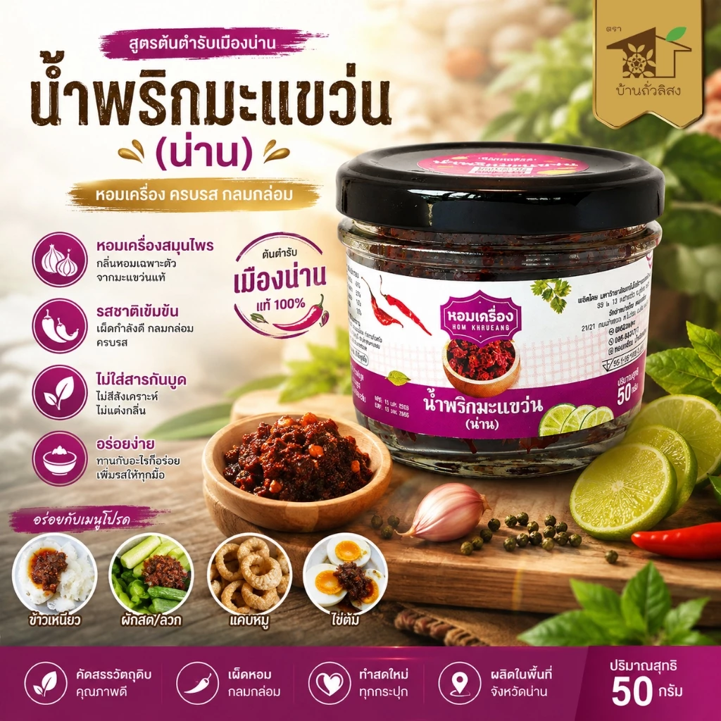 น้ำพริกมะแขว่น(เมืองน่าน) พร้อมทาน ขนาด 50 กรัม ตราหอมเครื่อง