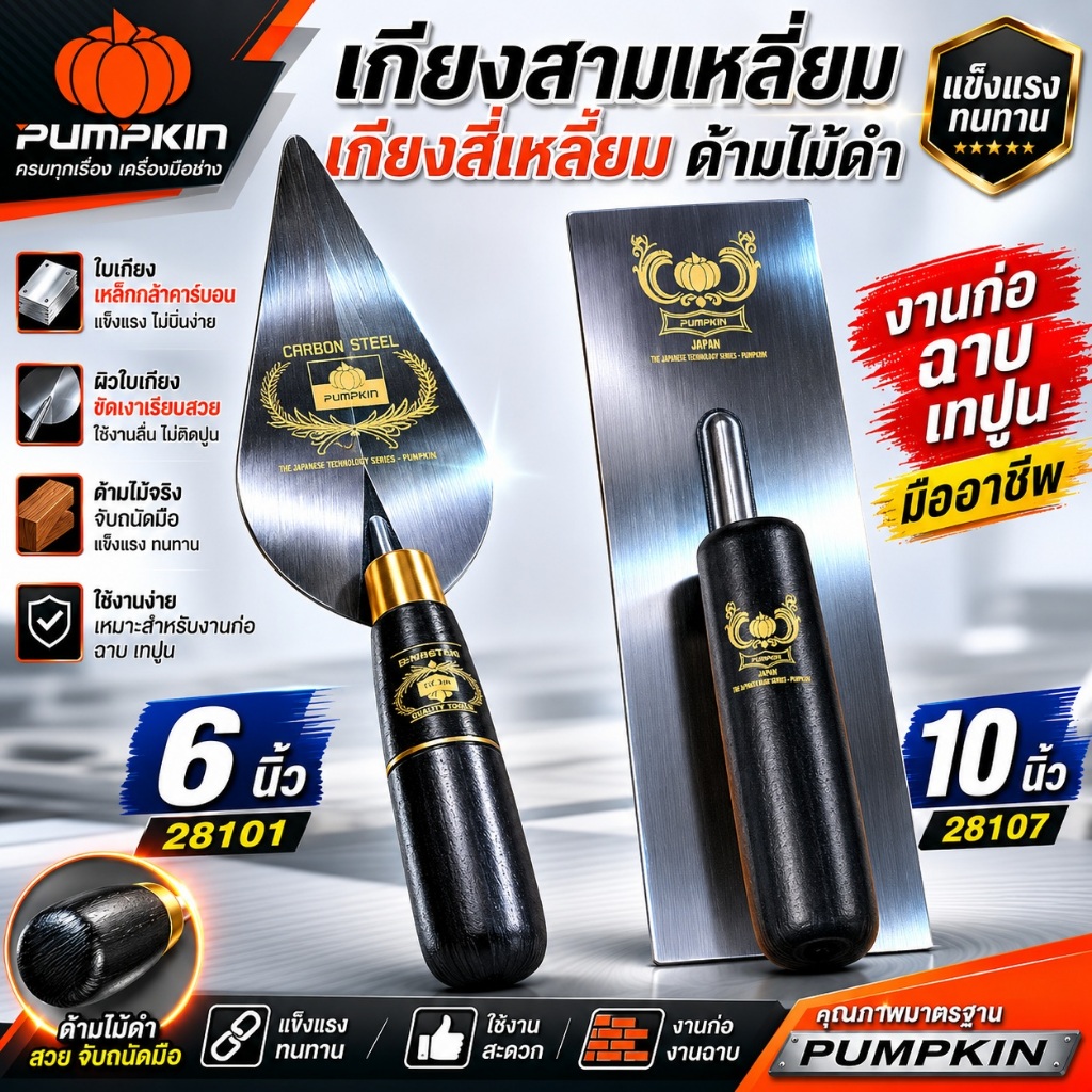 PUMPKIN เกียงสามเหลี่ยม 6" / เกียงสี่เหลี่ยม 10" รุ่นธรรมดา ด้ามดำ [ 28101 / 28107 ] ก่อปูน ฉาบปูน ขัดมัน งานก่อสร้าง