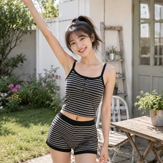 OOTD-ใหม่ พร้อมส่ง เสื้อผ้าผู้หญิง ชุดเซต 2 ชิ้น สายเดี่ยว+กางเกงขาสั้น นุ่มสบาย แฟชั่น เซ็กซี่ สไตล์ลายทางสีดำ