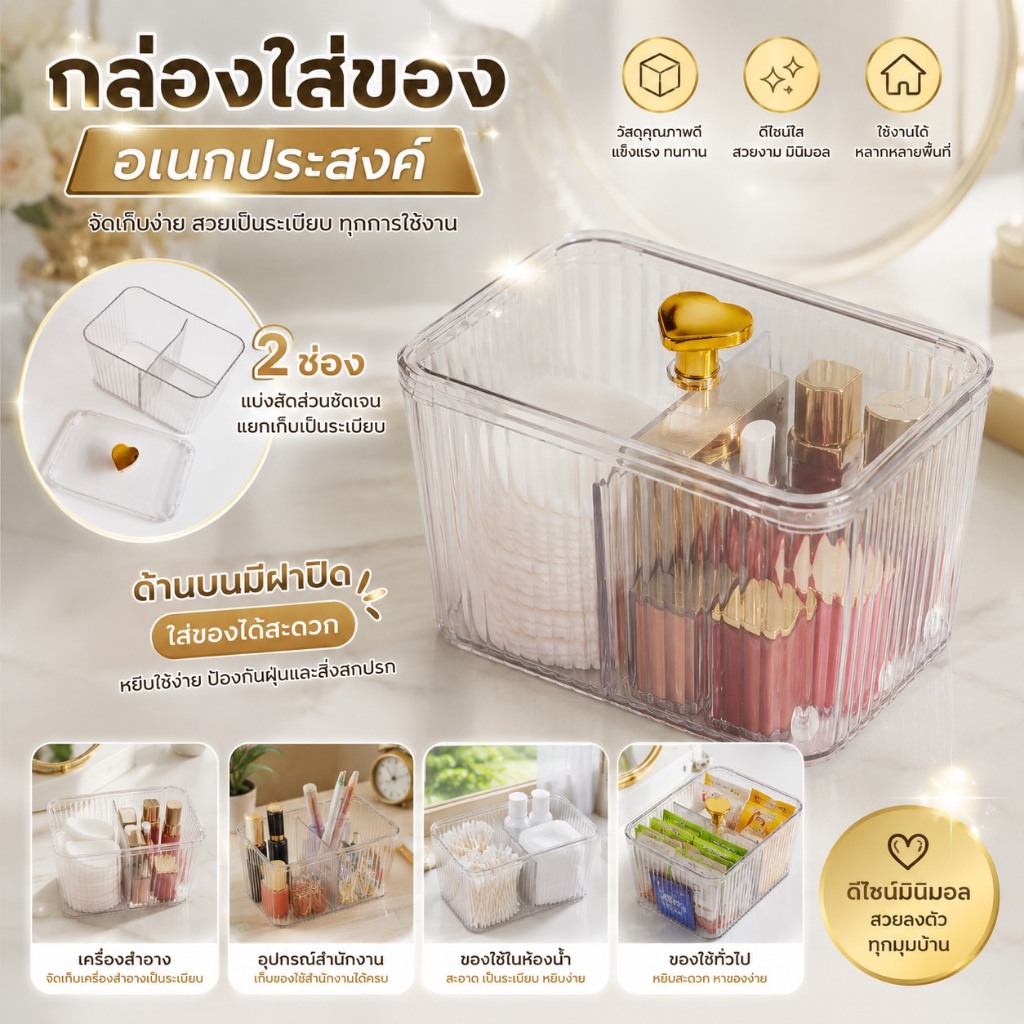 กล่องเก็บของอเนกประสงค์ มีฝาปิด แบบ 2 ช่อง