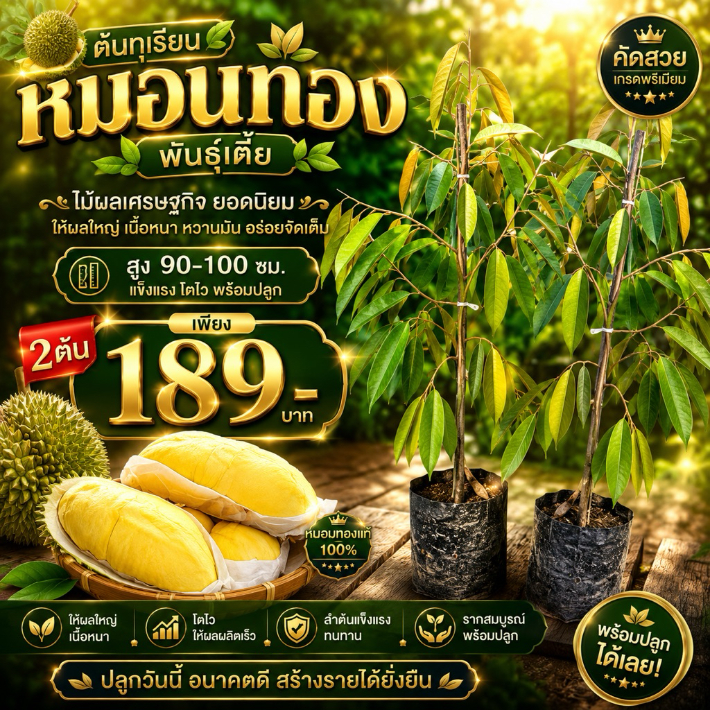 ต้นทุเรียนหมอนทองพันธุ์เตี้ย สูง 90-100 ซม. 2 ต้น คัดสวย พร้อมปลูก ไม้ผลเศรษฐกิจ ยอดนิยม ให้ผลใหญ่ เนื้อหนา