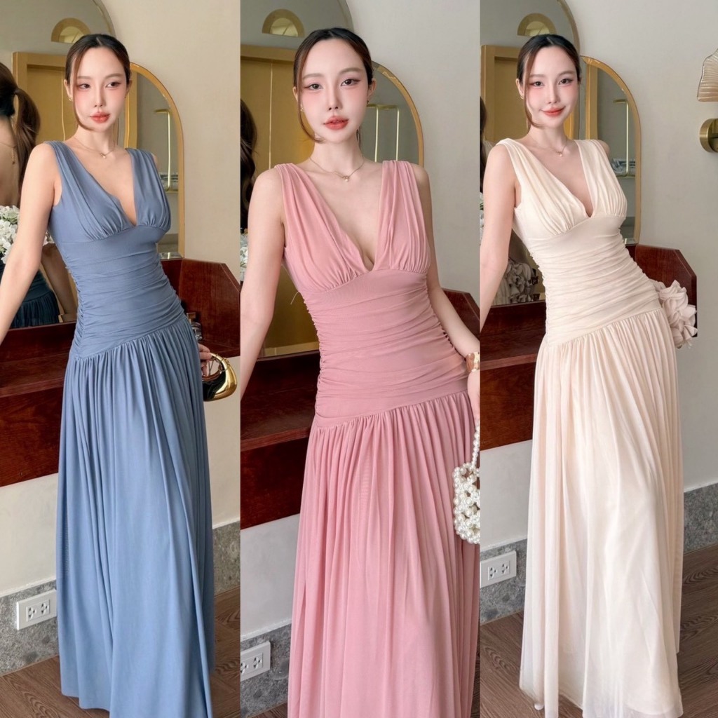 A1026  ชุดออกงาน เดรสยาวทรงเว้าอก ชุดเดรสยาว ชุดไปงานแต่ง