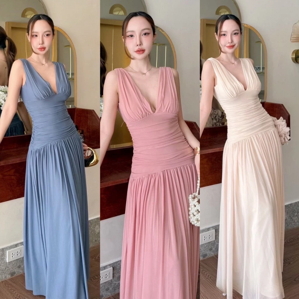 A1026 ชุดออกงาน เดรสยาวทรงเว้าอก ชุดเดรสยาว ชุดไปงานแต่ง