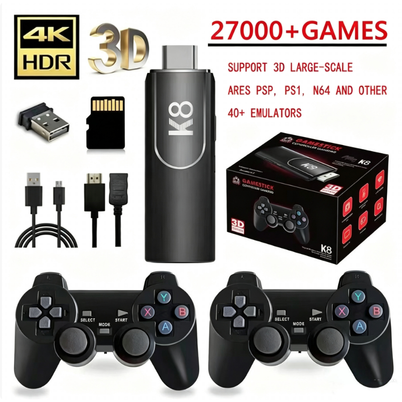 เครื่องเล่นเกมคอนโซลสำหรับบ้านนี้เสียบเข้ากับทีวีและมีเกมย้อนยุคให้เล่น ตัวควบคุมมีพอร์ต K8 และมีเกมในตัวถึง 27,000 เก