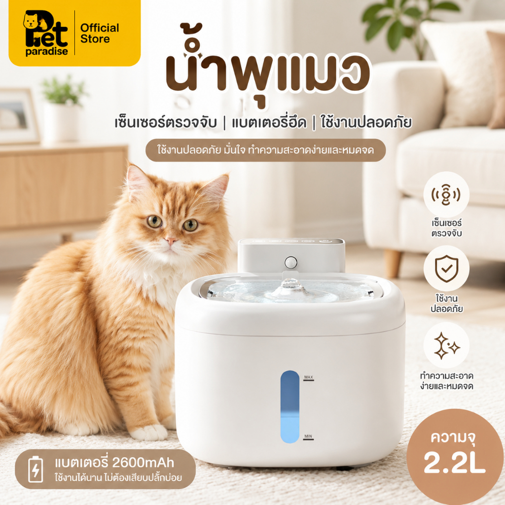 🌈PetParadise.th✨น้ำพุแมวไร้สาย มีตัวตรวจจับเซนเซอร์​ ตัดไฟอัตโนมัติ 2.2L แบต 2600 mAH รุ่นอัพเกรด