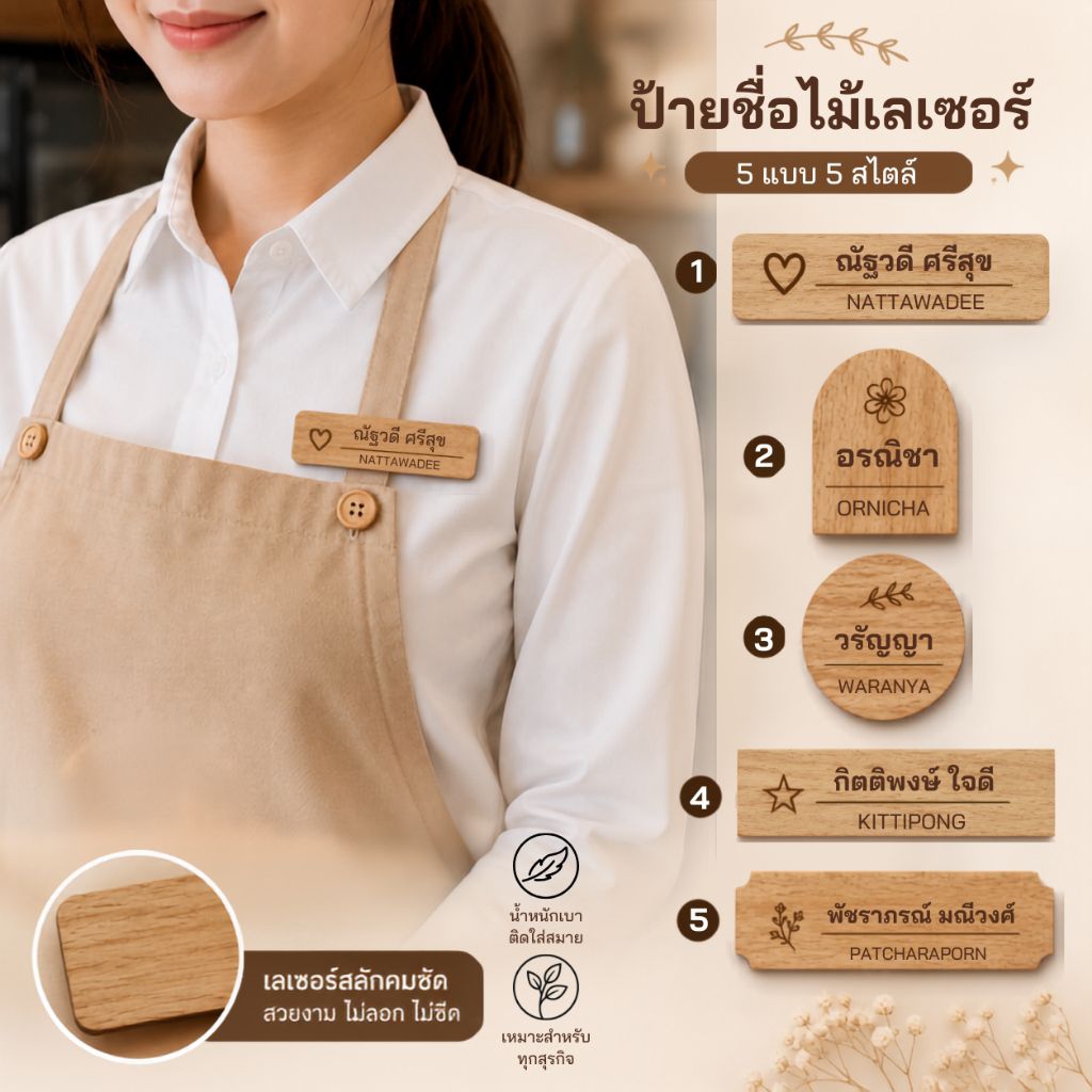 🌿 ป้ายชื่อไม้เลเซอร์ ติดหน้าอกแม่เหล็ก | ป้ายชื่อพนักงานไม้ | Name Tag ไม้สลักชื่อ | ป้ายชื่อร้านกาแฟ คาเฟ่ โรงแรม