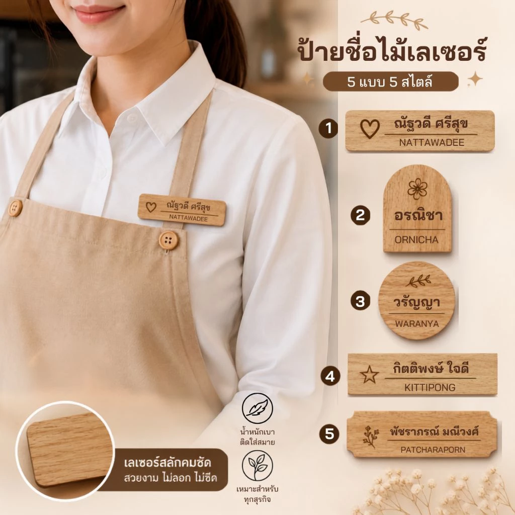 🌿 ป้ายชื่อไม้เลเซอร์ ติดหน้าอกแม่เหล็ก | ป้ายชื่อพนักงานไม้ | Name Tag ไม้สลักชื่อ | ป้ายชื่อร้านกาแฟ คาเฟ่ โรงแรม