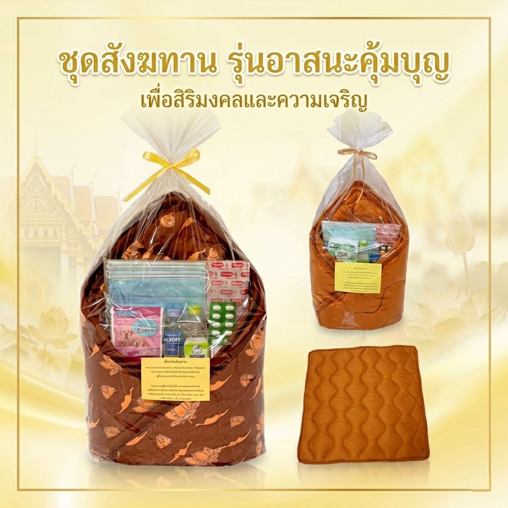 ชุดสังฆทานคุ้มบุญ รุ่นผ้าอาสนะ+ผ้าเช็ดตัว สำหรับถวายพระภิกษูสงฆ์