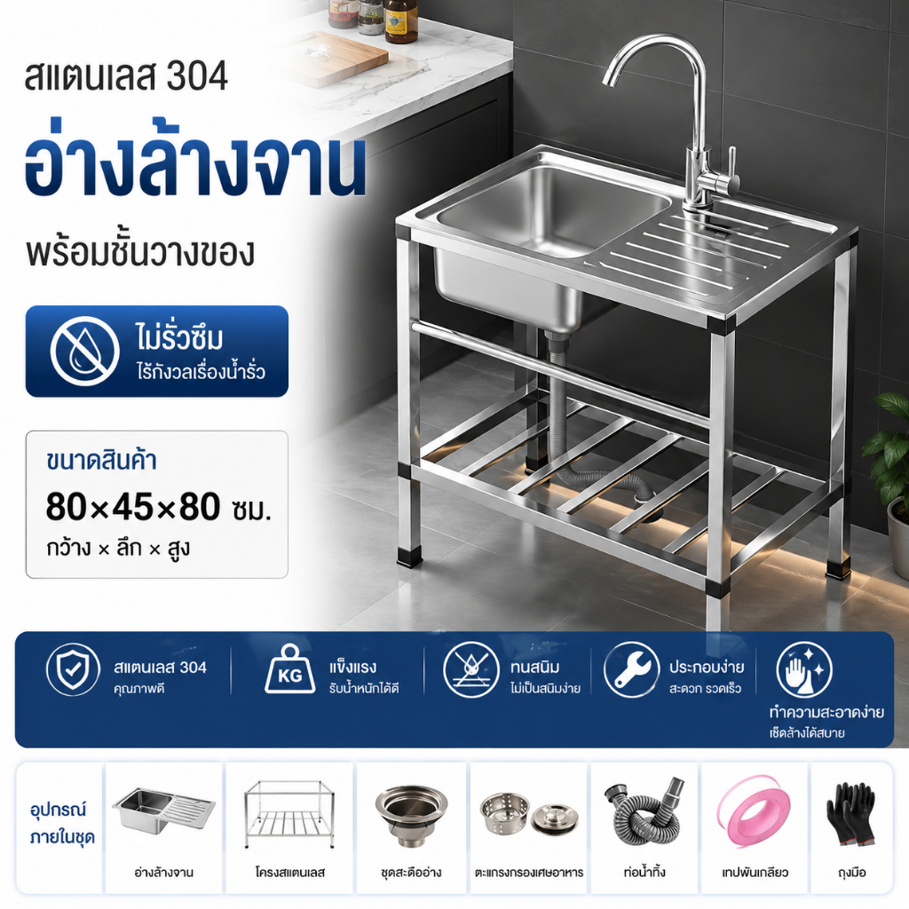 ซิงค์ล้างจานสแตนเลสพร้อมขาตั้งและแพลตฟอร์ม - ดีไซน์สี่เหลี่ยมสมัยใหม่ รวมก๊อกน้ำสำหรับล้างจาน ล้างผัก และล้างมือ - ทนทาน