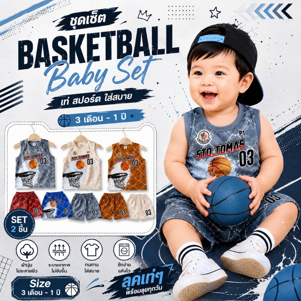 ชุดเซตเสื้อแขนกุดลายบาสเกตบอล+กางเกงขาสั้น 3-12 เดือน ผ้าใส่สบาย เหมาะกับสภาพอากาศ  สำหรับเด็กชาย