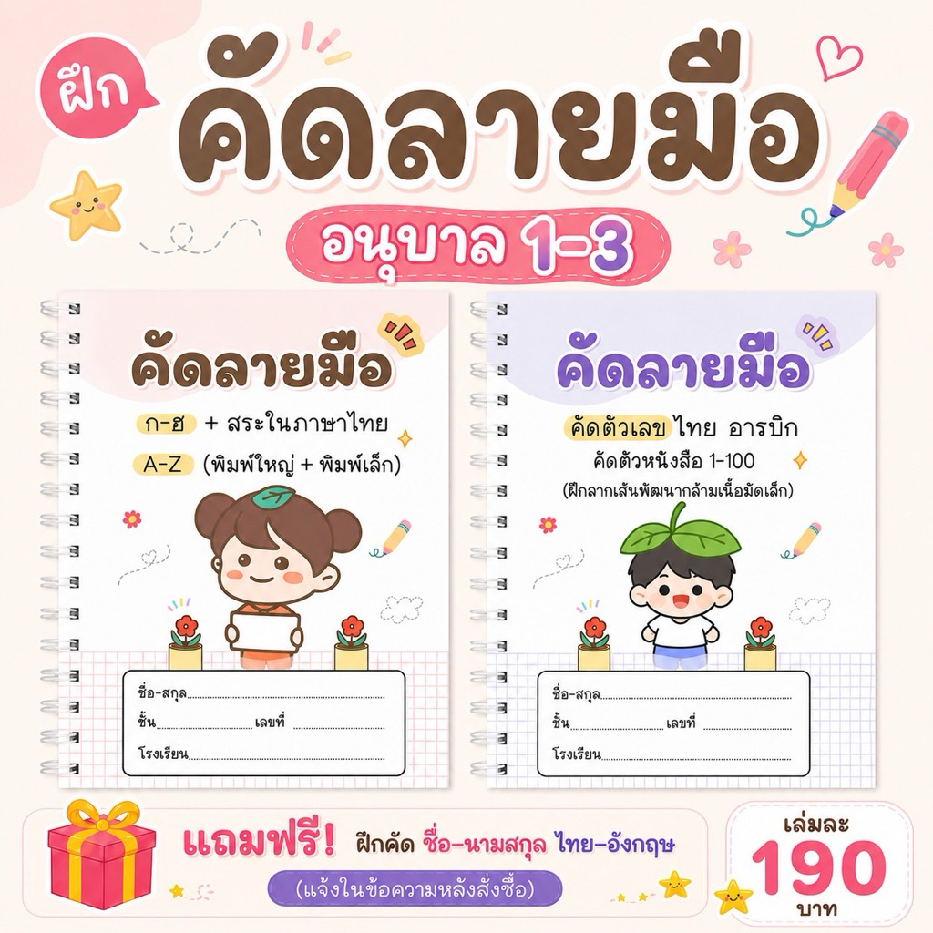 คัดลายมือ  อนุบาล 1-3  แบบสี  (แถมฟรีเครื่องเขียน)