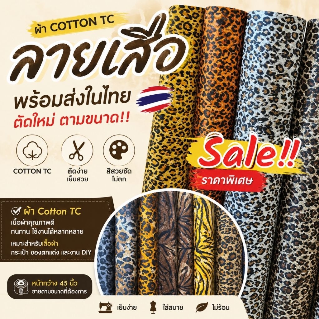 ผ้าคอตตอน ทีซี ลายเสือ เสือดาว เสือโคร่ง สุดสาคร ฤาษี ปีเสือ สายมู สุดสาคร สุนทรภู่ กว้าง 110-115cm