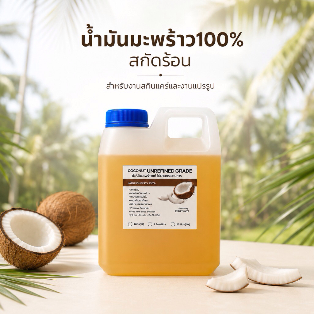 น้ำมันมะพร้าวสกัดร้อน1 ลิตร  น้ำมันดิบ (crude oil) เหมาะกับใช้ เติมตะเกียง เคลือบผิวไม้