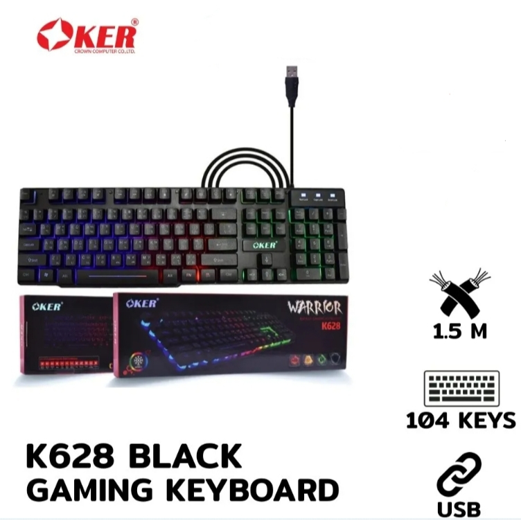 KEYBOARD OKER K628 WARRIOR BACKLIT GAMING KEYBOARD LED เกมมิ่ง คีย์บอร์ด ไฟ LED แป้นพิมพ์